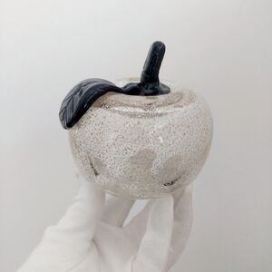 Murano Clear Blown Glass Apple Figurine Golden Fleck Black Leaf Stem Paperweight